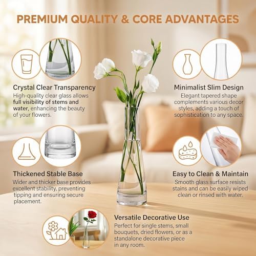 Erioctry Single Bud Vase Hand-Made Blown Art Bud Glass Vase Clear Glass Flower Vase Single Stem Vase Container for Home and Office Décor Centerpiece for Wedding Party Event