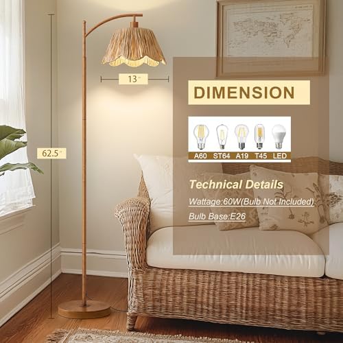 Oneach Rattan Floor Lamp for Bedroom, Boho Floor Lamp with Foot Switch, Farmhouse Standing Lamps for Living Room with Hand-Woven Shade, Walnut Metal Base & Pole