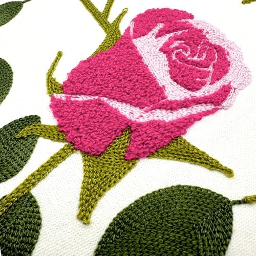 Alysheer Floral Embroidered Farmhouse Decorative Throw Pillow Cover 18"x 18" Set of 2, Cottage Hot Pink Flowers Green Leaves Embroidery Pattern, Cotton Canvas Cushion Case for Sofa Couch Bedroom