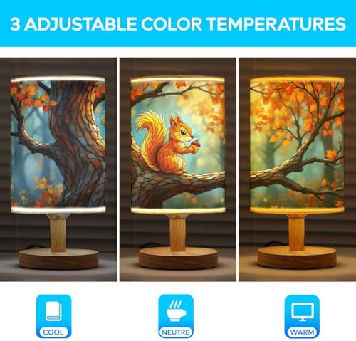 Squirrel Table Lamp LED 3-Color Pressed Bedside, Squirrel Shade Lamp with Wood Base for Bedroom Living Room Desk Office TL01