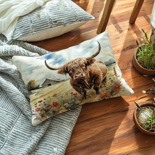 Highland Cow Decorative Throw Pillow Covers with Wildflowers 12×20 Inch Farmhouse Rustic Cushion Cover Western Cows Lumbar Pillowcase 2Pack for Couch Sofa (Yellow)