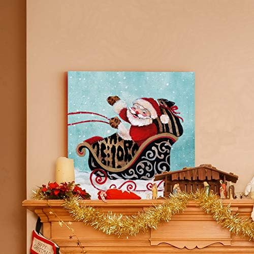 Renditions Gallery Xmas Canvas Wall Art Prints for Home Decor Santa riding Sliegh in Winter Snow Abstract Artowrk for Bedroom Dining Office Kitchen Decorations - 24"X24" LT05