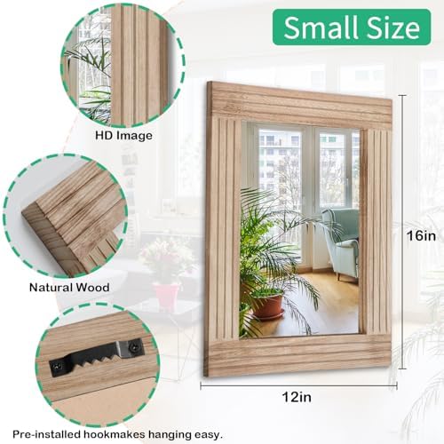 Mirrors for Wall Rustic Wooden Frame Rectangle Mirror Vintage Hanging Mirror for Bedroom Bathroom Living Room Farmhouse Wall Decor Small 16" x 12 "