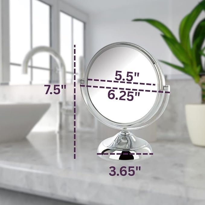 Jerdon 5.5" Tabletop Makeup Mirror - 5X Magnification - Chrome - MC247C | Two-Sided 1X View, 7.5" Tall