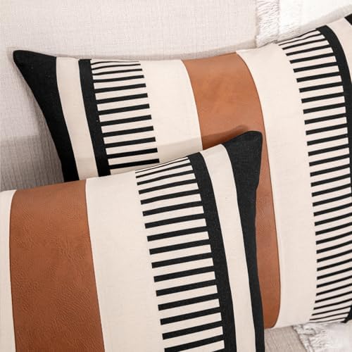 Set of 2 Farmhouse Striped Pillow Cover 18x18 Boho Accent Cushion Case Faux Leather Decorative Pillowcase,Black and Beige (Cover ONLY)