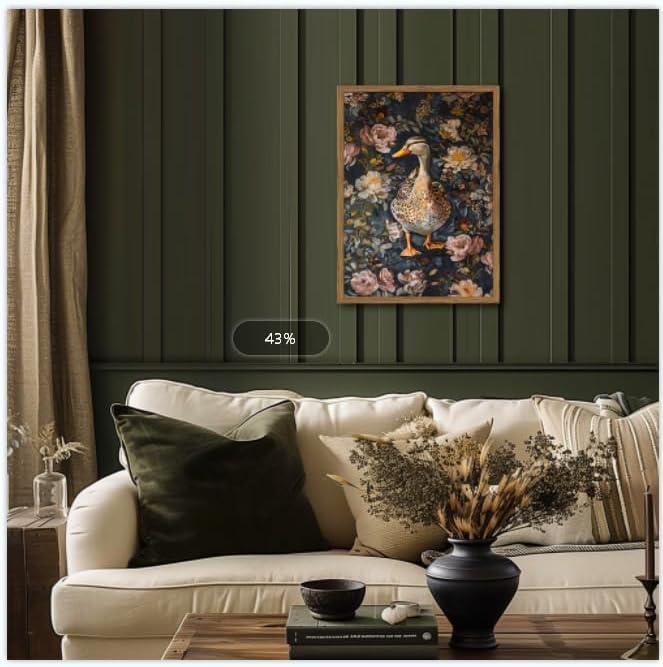 Vintage Mallard Duck Wall Art, Duck Wall Decor Painting Moody Floral Animal Poster Canvas Print Picture for Living Room Bedroom 12x16 inch Wood Framed