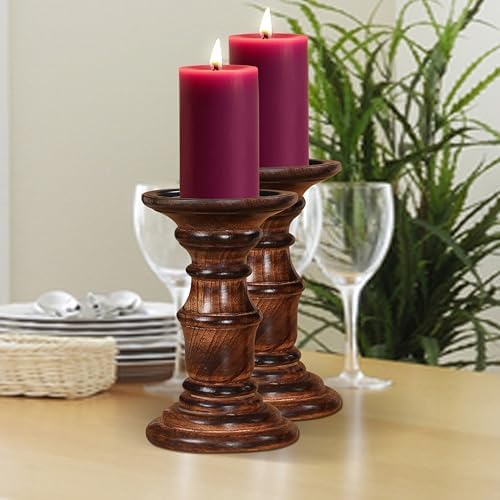 Candle Holders Set of 2 (6" Height)_Burnt Finish,Pillar Candle Holder in Mango Real Wood,Decorative Candle Holders for Table Centerpiece, Wedding, Party, Home Décor, Spa, Farmhouse, Gifting
