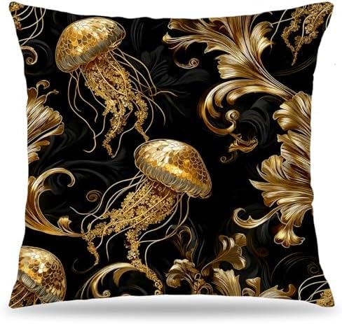 Vintage Baroque Jellyfish Black and Gold Throw Pillow Cover 18x18