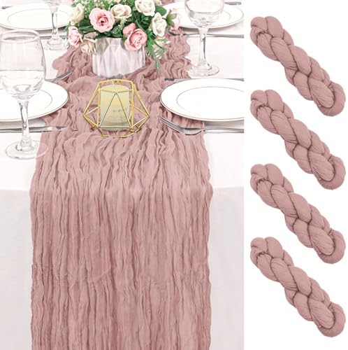 3 Pack 120 Inch Dusty Pink Cheesecloth Table Runner Boho Rustic Gauze Sheer Romantic 10 FT Long Cheese Cloth Table Runner for Bridal Baby Shower Wedding Party Birthday Holiday Home Easter Decor
