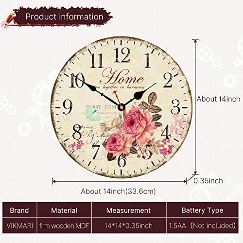 VIKMARI 14in Wooden Floral Wall Clock Battery Operated Silent Home Decor