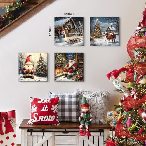 Christmas Wall Art Christmas Tree Wall Decor with Santa Gnomes Snowman Pictures Farmhouse Highland Cow Canvas Paintings Rustic Country Xmas Artwork for Living Room Bedroom Home Decorations 12x12" 4Pcs