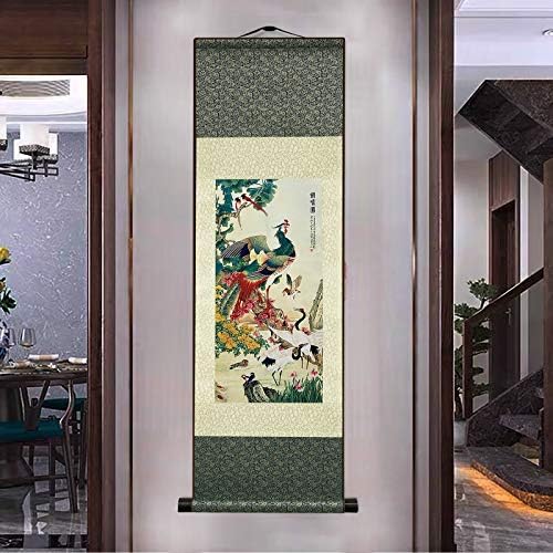AtfArt Asian Wall Decor Beautiful Silk Scroll Painting Birds - A Hundred Birds Respect The Phoenix Oriental Decor Chinese Art Wall Scroll Wall Hanging Painting Scroll (36.2 x 12 in)