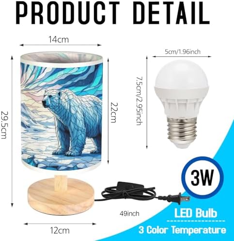 Polar Bear Table Lamp LED 3-Color Pressed Bedside, Polar Bear Shade Lamp with Wood Base for Bedroom Living Room Desk Office TL01