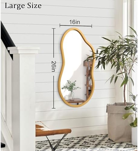 AAZZKANG Large Wall Mirror with Wood Framed 26"x16" Gold Irregular Hanging Mirrors Asymmetrical for Bathroom Bedroom Living Room Entryway