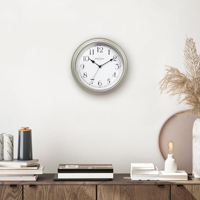 Presentime Chic Home Collection 10" Molly Clock | Silent No Ticking, Silver Color. Modern Decorative Wall Clock for Kitchen, Kid's Room, Bathroom, Bedroom, and Office