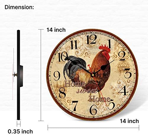 TAHEAT 14 Inch Rustic Rooster Wall Clock Retro Silent Non Ticking Easy to Read Clock, Battery Operated Decorative Wall Clocks for Kitchen/Living Room/Bedroom/Farmhouse Decoration