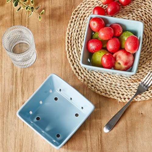 ONEMORE Berry Basket Ceramic Berry Bowls with Holes Square Fruit Bowl Berry Colander Containers for Fridge - 5.8" Fruit Basket for Kitchen Décor, Set of 2, Blue