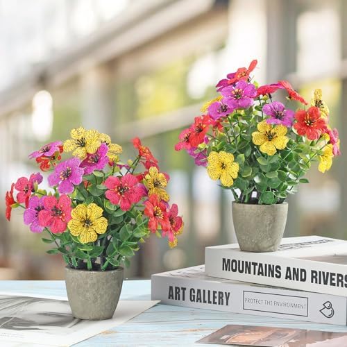 2 Pack Small Fake Plants Potted Artificial Plants Artificial Flowers Potted