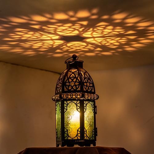 NEEDOMO Hanging Moroccan Lantern, 12.8'' Vintage Candle Holder, Metal Lanterns Decorative Indoor Outdoor, Table, Patio, Porch, Shelf, Gothic Home Decor (Green, Large Size)
