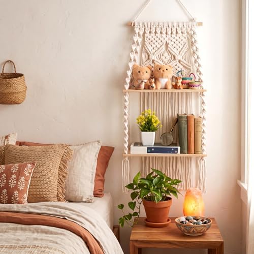 Barydat 1 Pack Macrame Wall Hanging Shelf 2 Tier Handmade Boho Hanging Wall Shelf Floating Woven Rope Decorative Storage Racks Holder Organizer for Home Bedroom Bathroom Plants, Beige (Elegant)