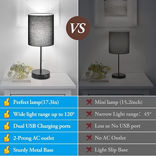 Bedside Table Lamps Set of 2 with USB Charging Ports and AC Outlet, Black