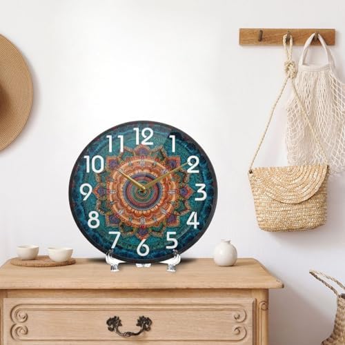 Naanle Vintage Mandala Pattren Round Wall Clock, 9.5 Inch Silent Battery Operated Quartz Analog Quiet Desk Clock for Home,Office,School