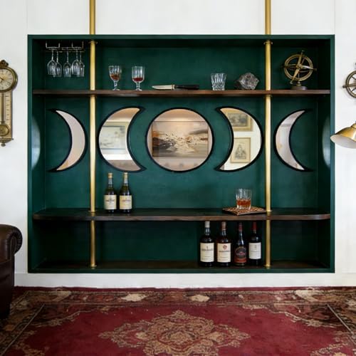 5-piece Set of Moon Phase Mirror Decorations in Nordic Style, Acrylic Mirror paired with Wooden Combination, Bohemian Style Living Room Bedroom Home Decoration, Black (Black)