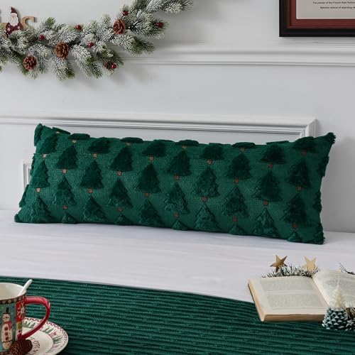 UGASA Christmas Tree 14x36 Inch Long Lumbar 1 Pack Soft Plush Faux Fur Luxury Embroidery Rectangle Cushion Case for Couch Sofa Holiday Festivals Winter Xmas Gift, Dark Green