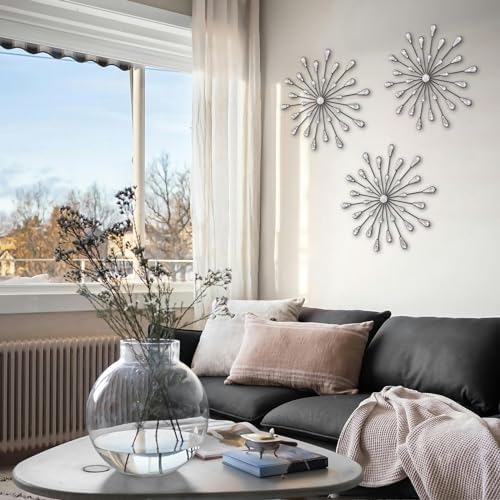 ZEXUIRU 3 Set Black Starburst Wall Art for Home Decor Metal Bling Crystal Rhinestones Sunburst Wall Decor Sparkling Rhinestone Art Accent Black - 13in