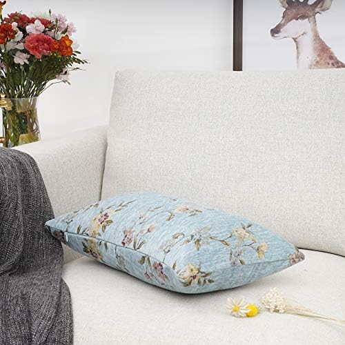 YOUR SMILE Classical Embroidery Jacquard Farmhouse Oblong Rectangle Chenille Teal Floral Pattern Decorative Throw Pillow Case,12x20 inch
