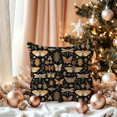 Vintage Dark Academia Butterfly Pillow Cover 18x18 Double-Sided, Gothic Golden Insect Beetle Entomology Moody Floral Decorative Throw Pillow Cover for Home Bedroom Living Room