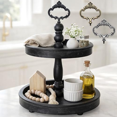 2 Tiered Tray Stand [Includes 3 Changeable Handles] - Rustic Cupcake Stand, Coffee Table Tiered Serving Tray for Kitchen Counter, Stunning Rustic Home Decor, Display Fruits, Plants, Candles (Black)