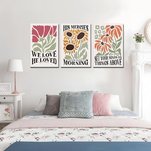 Framed Christian Bible Scripture Wall Art Set of 3 16x24 Inch | Flower Marke Pictures Decor Inspirational Paintings Religious Verses Canvas Prints, Artwork for Christian Women & Teen Girls