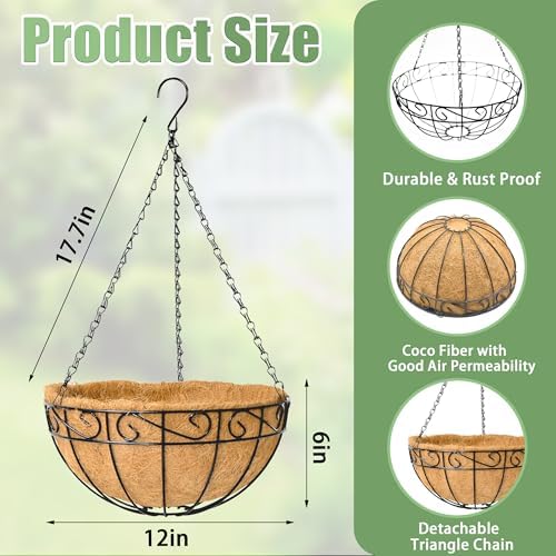 4 Pack 12 Inch Hanging Baskets for Plants Outdoor Metal Hanging Planters Round Hanging Flower Pots with Coco Coir Liner Plant Holder for Outdoor Patio Garden Balcony Decor - Flower Border