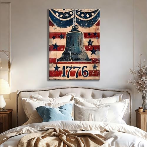 RIBNTAK Made in USA Rustic 1776 Liberty Bell with American Flag Canvas, Retro Patriotic Sign Artwork for 4th of July, Independence Day, Memorial Day Home Decoration