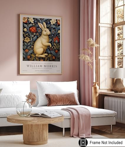 Poster Master White Rabbit Print - William Morris Poster - Flower & Animal Art - Botanical Exhibition Design - Floral Bunny Illustration - Great Office or Bedroom Decor - 8x10 UNFRAMED Wall Decor