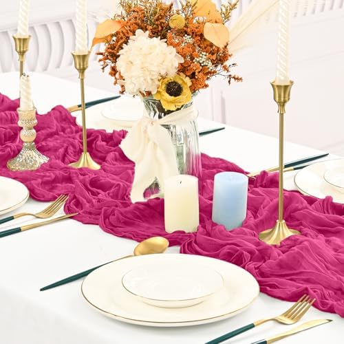 10 Pack Hot Pink Cheesecloth Table Runner Long,21.5 x 120 Inch