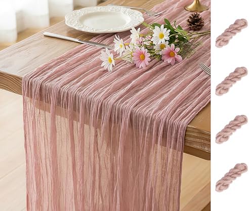 FEXIA 4Pcs Dusty Pink Cheesecloth Table Runner Wedding Bridal Shower Decor
