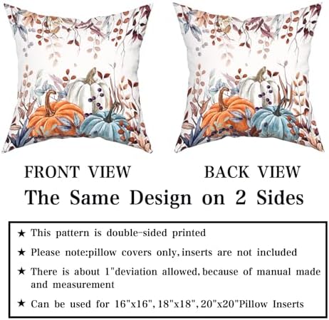 Giwawa Fall Pillow Covers Set of 2 16x16 Inch Orange Blue White Pumpkins Autumn Leaves Thanksgiving Cushion Covers Farmhouse Decorative Square Double Sided Throw Pillowcases for Indoor Outdoor Holiday