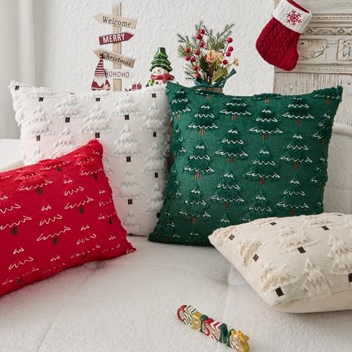 Kevin Textile Christmas Tree Pillow Covers 20x20 Inch Set of 2 Soft Plush Faux Fur with White Snow Embroidery Decoration Pillowcases for Couch Sofa Holiday Festivals Winter Xmas Gift, Beige