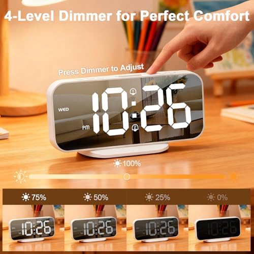 ALANAS Slim Digital Alarm Clock, Big Mirror Display with Dual USB Charger Ports, Dual Alarms, Snooze, 4-Level Adjustable Dimmer, for Bedroom, Office, Desk, Dorm, College Students, Home