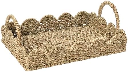 Household Essentials Seagrass Decorative Tray with Scalloped Edge, Handwoven Natural Wicker Organizer Basket with Handles & Iron Frame for Coffee Tables, Bathrooms & Countertops