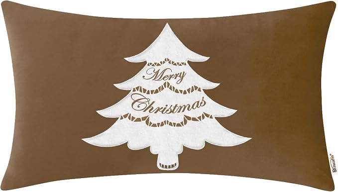 BRAWARM Christmas Pillow Cover 12 X 20 Inches, Brown Christmas Tree Embroidered Lumbar Pillow Cover, Soft Velvet Decorative Throw Pillow for Couch Bed Sofa Living Room Home