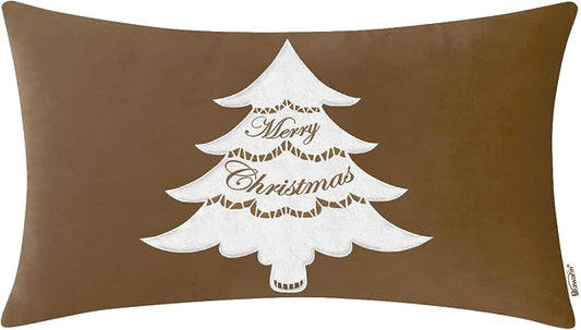 BRAWARM Christmas Pillow Cover 12 X 20 Inches, Brown Christmas Tree Embroidered Lumbar Pillow Cover, Soft Velvet Decorative Throw Pillow for Couch Bed Sofa Living Room Home
