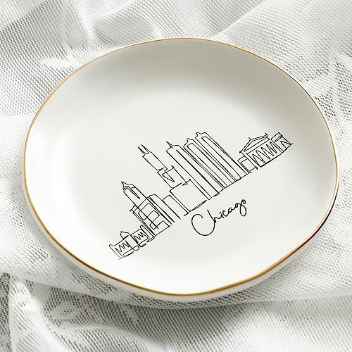 COLLECTIVE HOME - Skyline Jewelry Dish, Ceramic Trinket Dish, Landscape Jewelry Tray, Decorative City View Plate for Rings Earrings Necklaces Bracelet Watch Keys (Chicago)