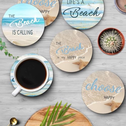 Britimes Coasters for Drinks, Set of 6, Ceramic Stone, Beach Teal