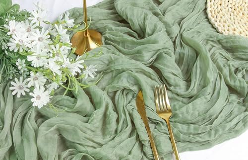 FEXIA 3Pcs Sage Green Cheesecloth Table Runner for Baby Shower Decoration