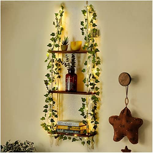 Hanging Shelf with Vine Lights(USB Powered), Macrame Shelf, Wall Shelf with Handmade Ropes, 3 Tier Floating Shelf, Boho Room Decor Aesthetic for Succulents, Bedroom, Living Room, Bathroom