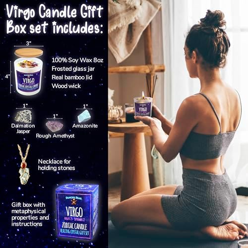 DANCING BEAR Virgo Zodiac Candle Gift Box Set with 3 Healing Crystals & Stone Holder Necklace, August September Birthdays, Scented Soy Wax, Crackling Wood Wick, 45 Hour Burn Time