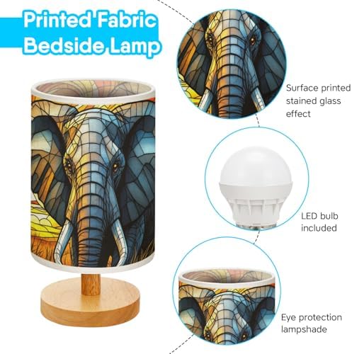 Elephant Table Lamp LED 3-Color Pressed Bedside, Elephant Shade Lamp with Wood Base for Bedroom Living Room Desk Office TL01